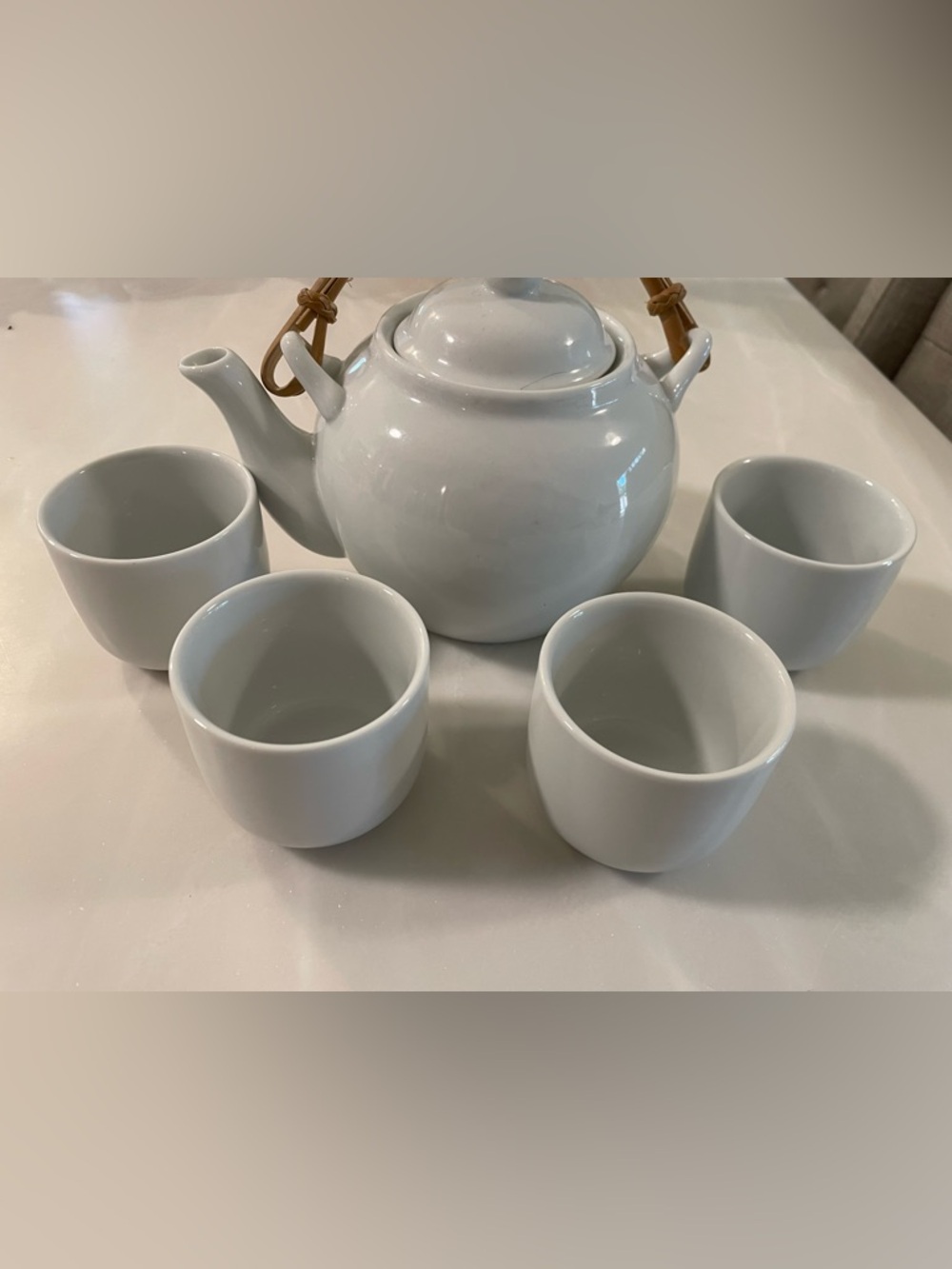 Pier 1 White Porcelain Teapot Set w/ Bamboo Handle + 4 Cups | Boho Minimal